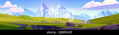 Summer landscape with meadows, chasms and mountains on horizon. Nature panorama with white rocks, green grass and cracks in land after earthquake, vector cartoon illustration Stock Vector