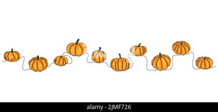 Pumpkins continuous one line drawing background. Vector illustration for design poster, banner, flyer. Stock Vector