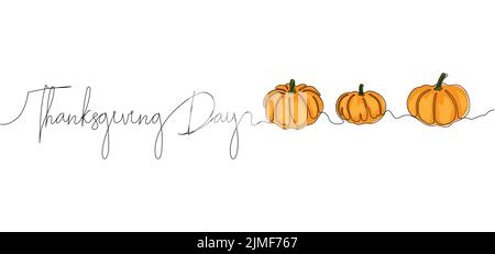 Thanksgiving Day continuous one line drawing background with pumpkins. Vector illustration for design poster, banner, flyer. Stock Vector