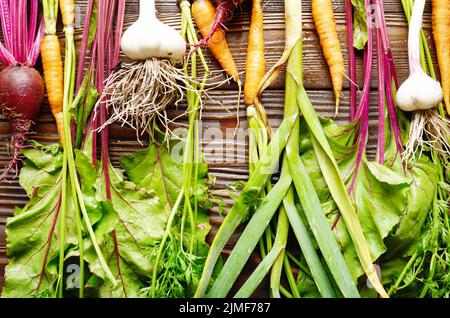 Vegetarian background of fresh organic beetroots green garlic and carrots on kitchen wooden rustic table Stock Photo