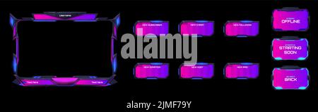 Game online stream frames and panels in futuristic style. Vector cartoon set of overlay live video streaming screens and menu bars isolated on black background Stock Vector