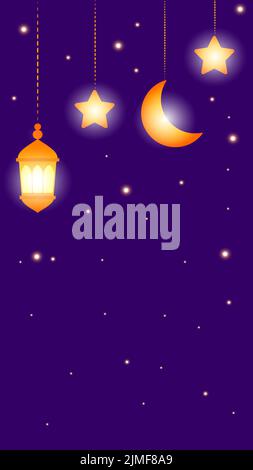Ramadan Kareem Card with Golden Crescent and Stars and Lantern Stock Vector
