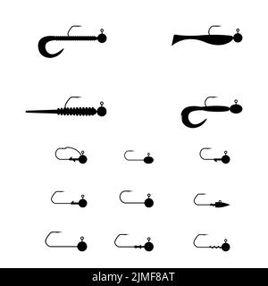 Fishing rigs of silicone lures on a jig head. Black silhouettes on a white background, vector illustration. Stock Vector