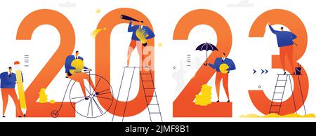 Office staff are preparing to meet the new year 2023. Vector illustration. Cartoon characters repair the numbers. Image is isolated on white backgroun Stock Vector