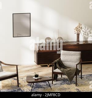 Poster frame mock up in modern living room background, home interior with dark wooden furniture and Stock Photo