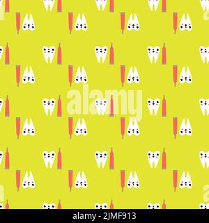 Kawaii tooth kids dental care vector educational seamless pattern background. Cute cartoon characters holding a toothbrush. Fun children oral health Stock Vector