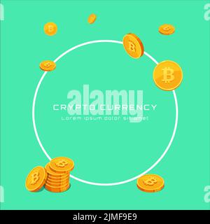 inscription cryptocurrency in a round frame and bitcoin coins in isometric style Stock Vector