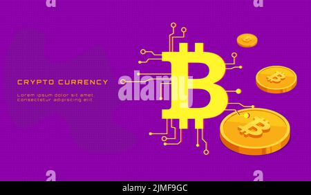 cryptocurrency inscription with bitcoin coins in isometric style and bitcoin sign with microchip elements Stock Vector