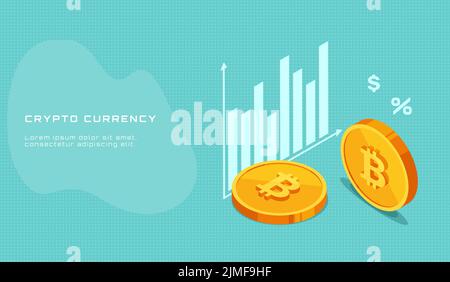 cryptocurrency inscription with bitcoin coins and graph with dollar and percent sign in isometric style Stock Vector