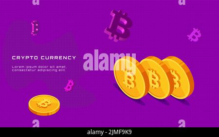cryptocurrency lettering with bitcoin coins in isometric style Stock Vector