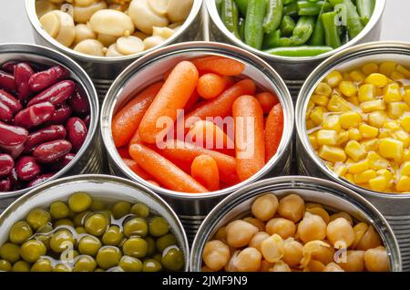 Canned vegetables in opened tin cans on kitchen table. Non-perishable long shelf life foods background Stock Photo