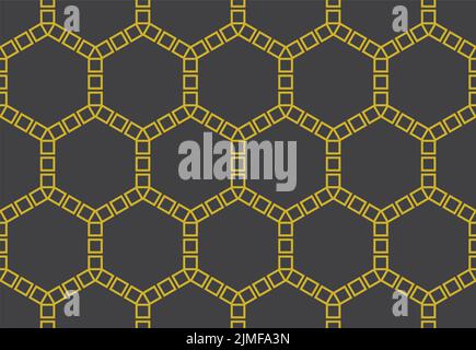 Hexagon basic repeat pattern with honeycomb cells from outlines of small gold color squares against a dark gray background, geometric vector illustr Stock Vector