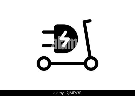 Electric push scooter icon. Black cable electrical kick e-scooter contour and plug charging symbol. Eco friendly electro vehicle logo concept. Vector battery powered EV transportation eps illustration Stock Vector