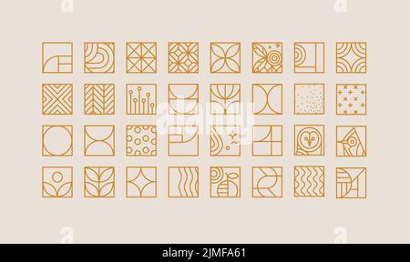 Set of creative modern art deco icons in flat line style drawing on beige background. Stock Vector