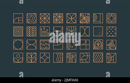 Set of creative modern art deco icons in flat line style drawing on blue background. Stock Vector