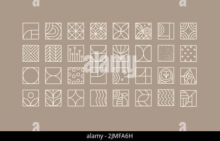 Set of creative modern art deco icons in flat line style drawing on coffee background. Stock Vector