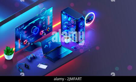 Gaming computer on desk in video gamer room with neon lights. Gaming PC monitor with abstract interface of computer game. Workstation of gaming Stock Vector