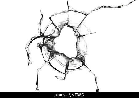 The concept of a hole in a broken window. Cracks on the glass for design. Stock Photo