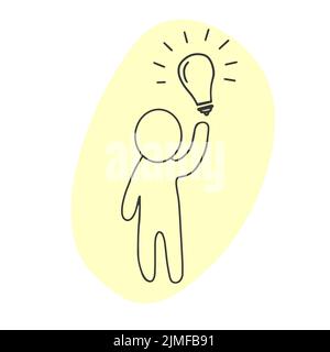 Little Man with a Light Bulb over his Head Concept of the Emergence of an Idea in Doodle Style Stock Vector