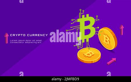 bitcoin coin arrows and bitcoin sign with microcircuit elements in isometric style Stock Vector