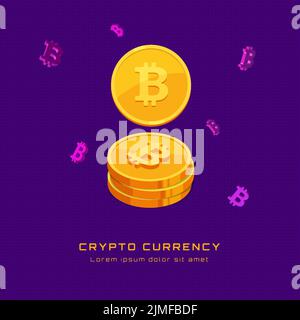 inscription cryptocurrency and bitcoin coins in isometric style against the background of flying volume signs bitcoin Stock Vector