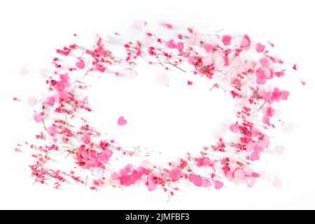 Valentine day background with paper pink hearts and rose flowers confetti Stock Photo