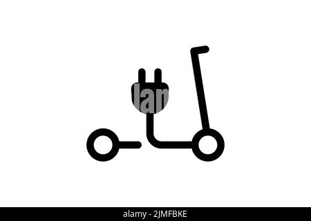 Electric push scooter icon. Black cable electrical kick e-scooter contour and plug charging symbol. Eco friendly electro vehicle sign concept. Vector battery powered transportation eps illustration Stock Vector