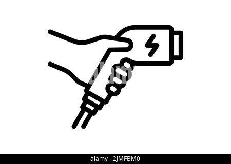 Hand holding electric charger connector linear black icon. Electrical transportation charging plug symbol. Eco friendly electro vehicle charge sign. Eps battery powered EV transport station eps logo Stock Vector
