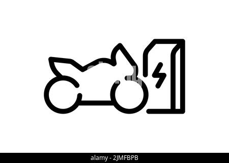 Electric sportbike charging in charger station linear icon. Electrical motorcycle energy charge black symbol. Eco friendly electro motorbike recharge sign. Vector eps battery powered EV transportation Stock Vector