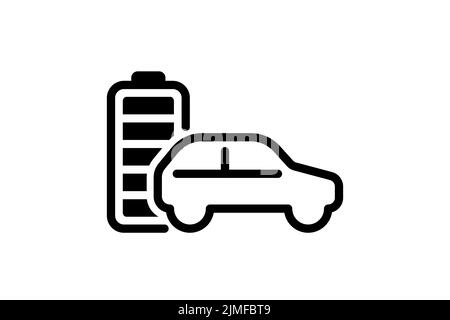 Electric car with fully charged battery energy indicator black linear icon. Electrical transportation accumulator charger symbol. Full charging electro power auto. Eco friendly vehicle recharge sign Stock Vector