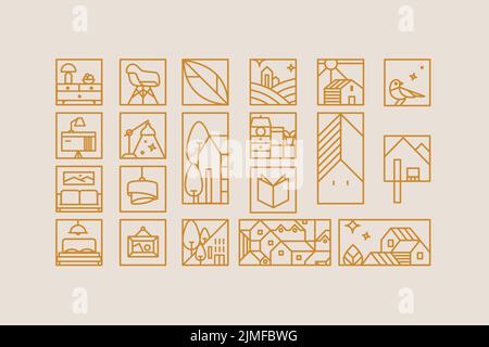 Set of creative modern art deco signs in flat line style drawing on beige background. Stock Vector