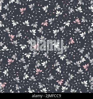 Vector tiny floral network on dark seamless repeat pattern background. Hand drawn elements Stock Vector