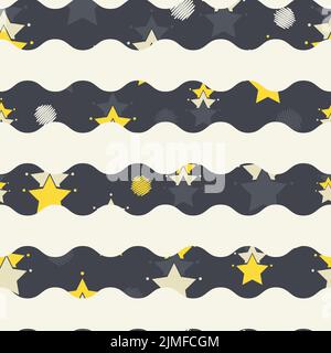 Dark grey yellow striped confetti stars abstract vector seamless pattern background Stock Vector