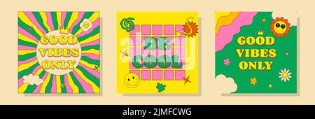 Set retro groove social media post psychedelic banner template Stock Vector