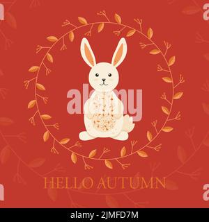 Cute Bunny with Autumn Ornament on his Belly Hello Autumn Post Stock Vector