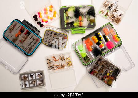 Collections of fishing flies in fly boxes viewed from above on a white background Stock Photo