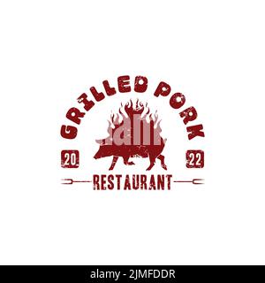 Vintage Grunge Burnt Pig Logo For Restaurant Grilled pork smoked pork Stock Vector