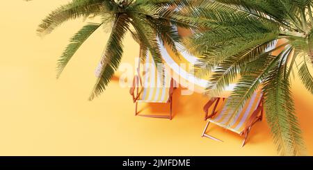 Palm trees, sun loungers and a beach umbrella on a yellow background. View from above. 3d rendering Stock Photo