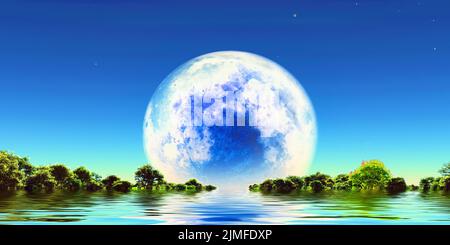 Surrealism. Terraformed moon over water surface. Green forest at the horizon. 3D rendering Stock Photo