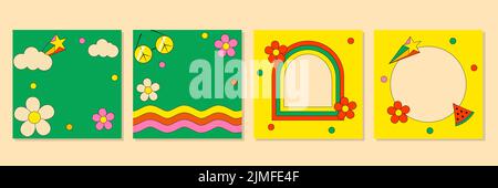 Set of Retro Psychedelic Groove Social Media Posts Stock Vector