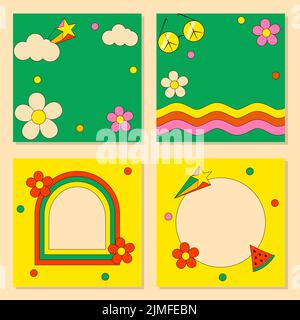 Set of Retro Psychedelic Groove Social Media Posts Stock Vector