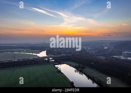 Sunrise over the Ruhrwiesen in Duisburg Stock Photo