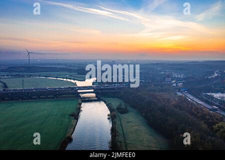 Sunrise over the Ruhrwiesen in Duisburg Stock Photo