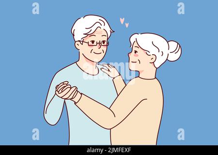 Happy elderly couple dancing together. Smiling mature man and woman enjoy romance and joyful calm retirement. Love and relationships. Vector illustration.  Stock Vector