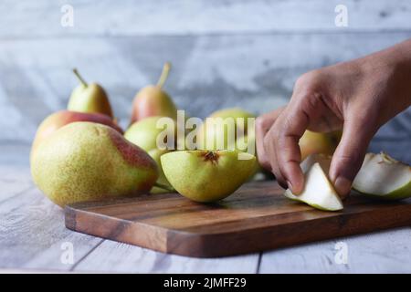 slice of fresh pears on table close up  Stock Photo