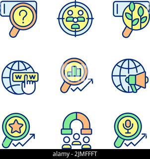 Target market analysis pixel perfect RGB color icons set Stock Vector