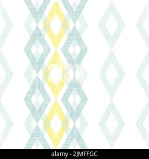 Abstract textile textured blue yellow ikat diamonds vertical stripes seamless border pattern background Stock Vector