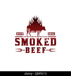 Smoke Grilled Beef Cow Angus, Burning angus silhouette, Cow with Fire Flame Vintage Logo design Stock Vector