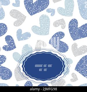 Vector blue grey hearts with white silhouette textured seamless frame pattern background Stock Vector