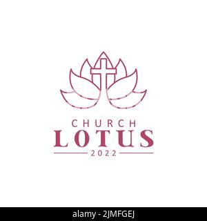 Lotus And Cross Minimalist Line Art For Church Or Christian Religion Logo Stock Vector